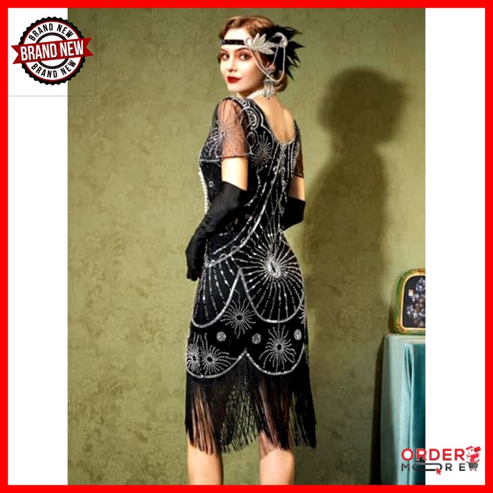 Flapper Dress 1920s Gatsby Costume with Accessories Set, Mesh Fabric - Picture 3 of 7